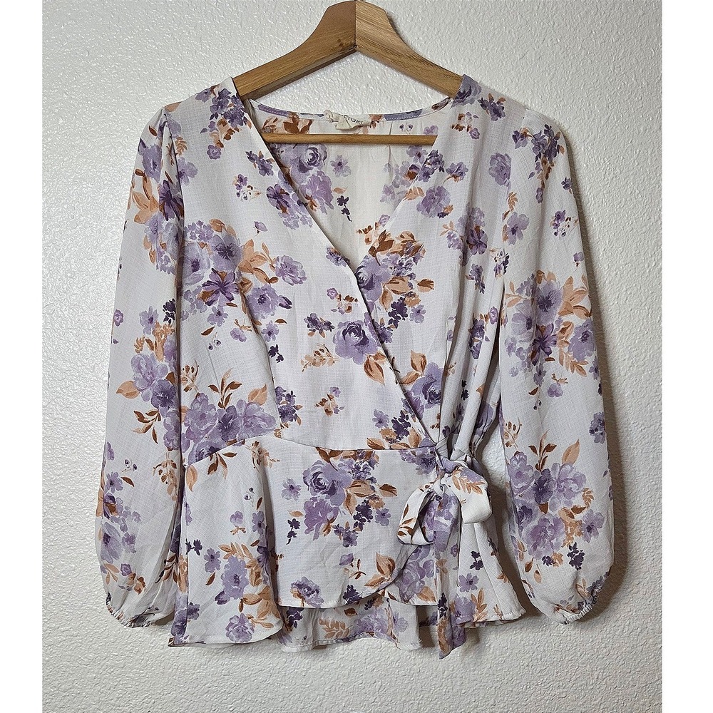Meraki Floral Wrap Blouse Medium Cottagecore Coquette Peplum Tie Waist Top
